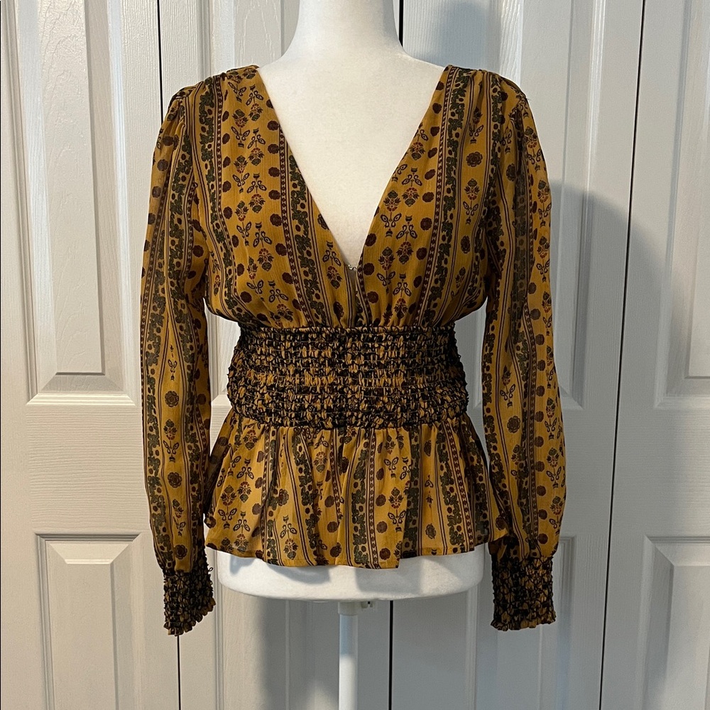 Moon River Mustard and Brown Printed Smocked Waist Blouse